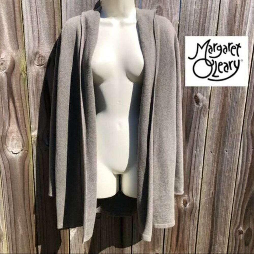 Margaret O’Leary XS Cardigan Sweater Top Open Gray Tan Green Hooded Hoodie